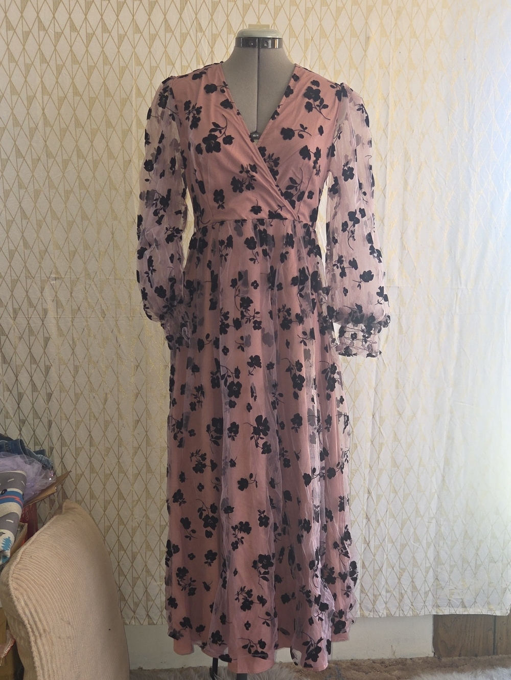 Pink Floral Wrap Maxi Dress with Black Print